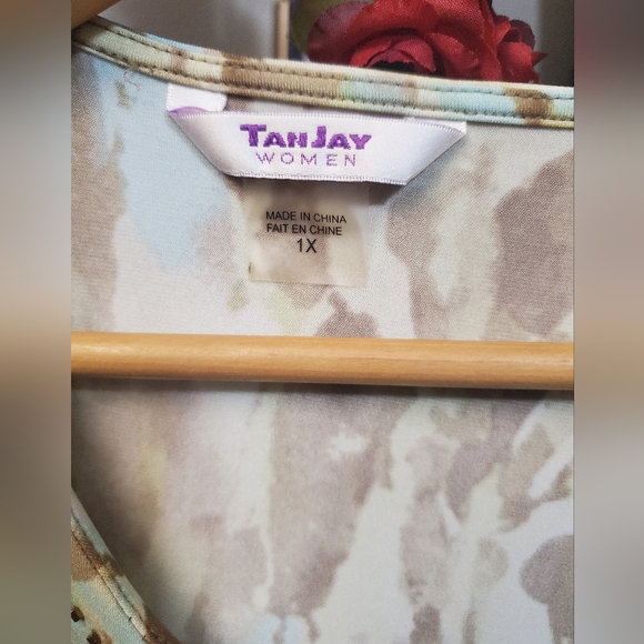 Tan, blue TanJay tunic top with beaded accents, some sequins missing, size 1X - Picture 4 of 5